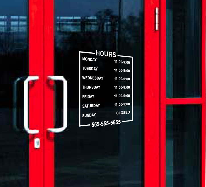 Custom Business Hours Sign Vinyl Personalized Lettering Decal Phone retail BS10