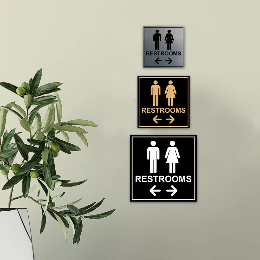 Large Square Restrooms Left Right Arrow Sign Brushed Silver Wall Door Mount