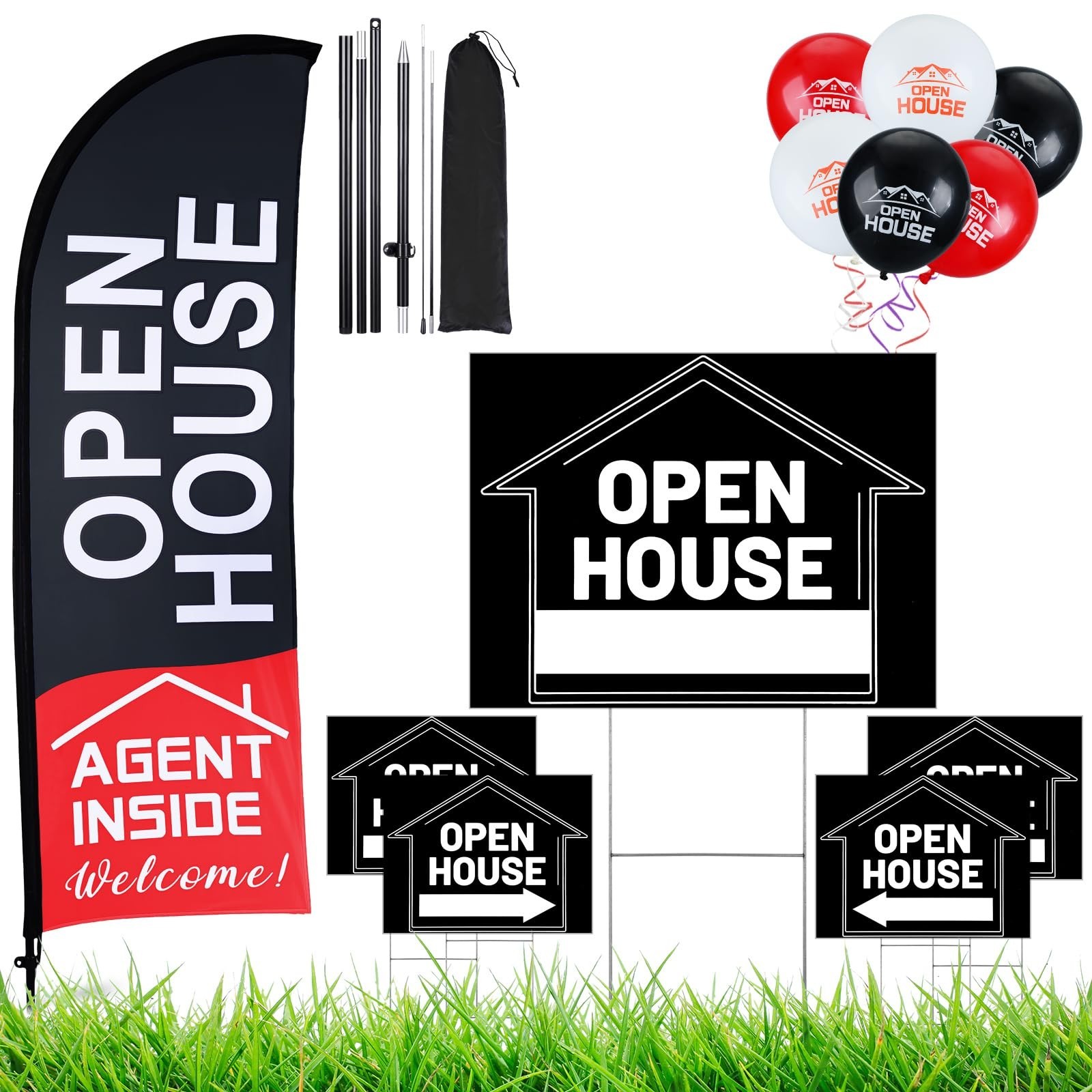 Open House Sign Set – 36 Pcs, Flag & Pole Kit, 5 Directional Arrows, 30 Balloons