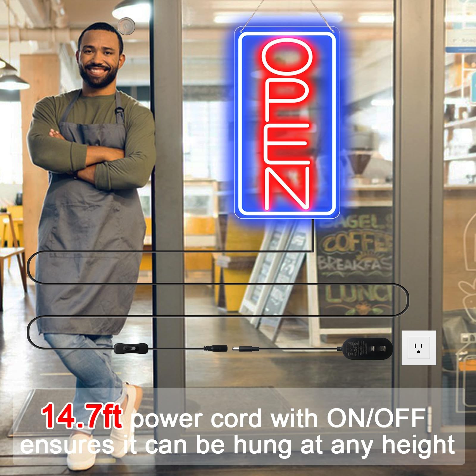 16.5&Prime; X 9&Prime; Led Neon Open Signs 16.5×9 inch with AC Adapter, Blue/Red-Vertical