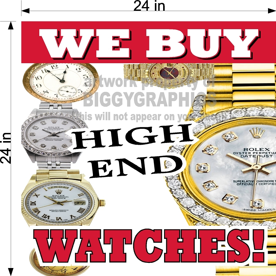 PERFORATED WINDOW VINYL DECAL 2&prime; X 2&prime; GRAPHIC WE BUY WATCHES HIGH END