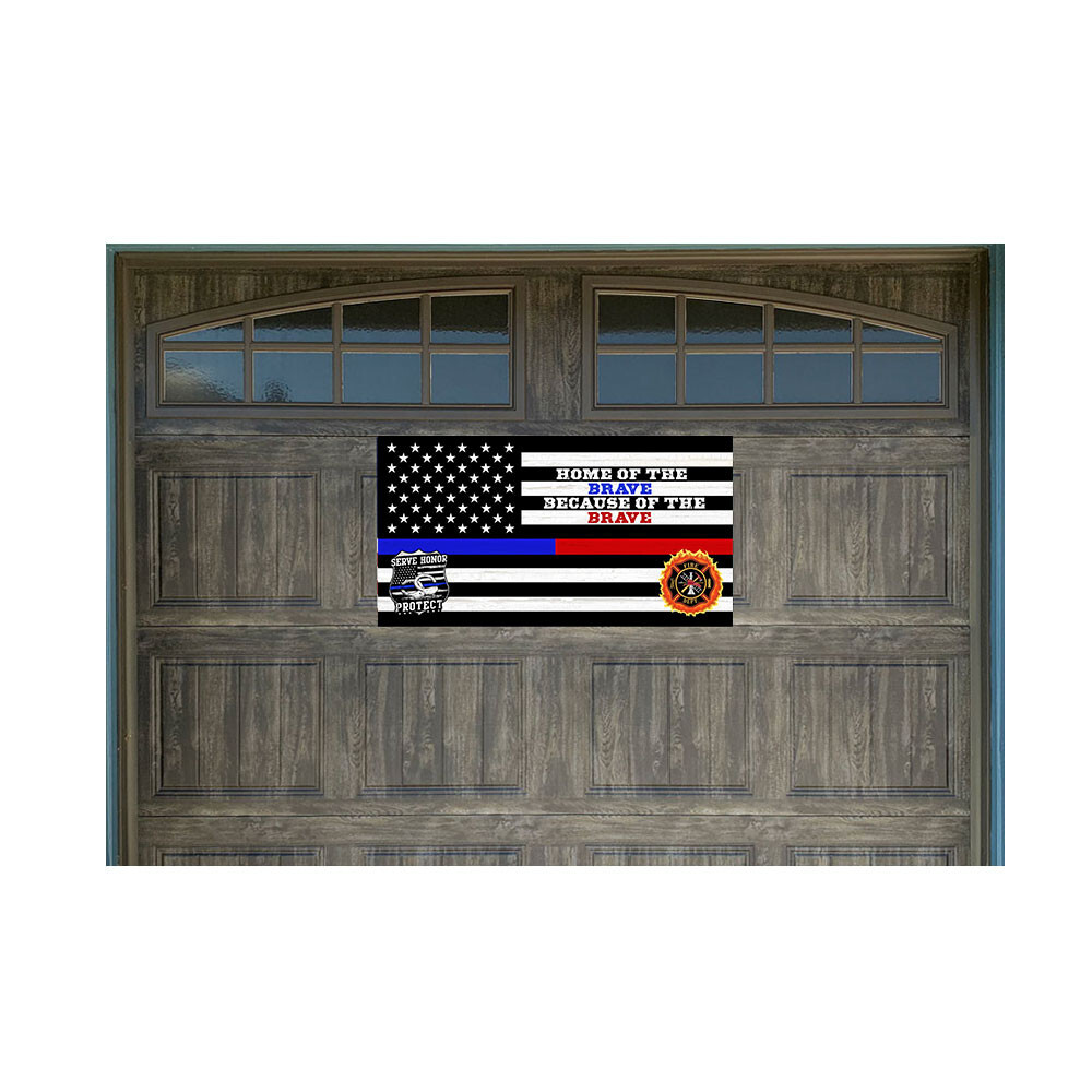 Thin Blue Red Line (Home of the Brave) Vintage Wood Look 21&Prime; x 40&Prime; Magnetic Gara