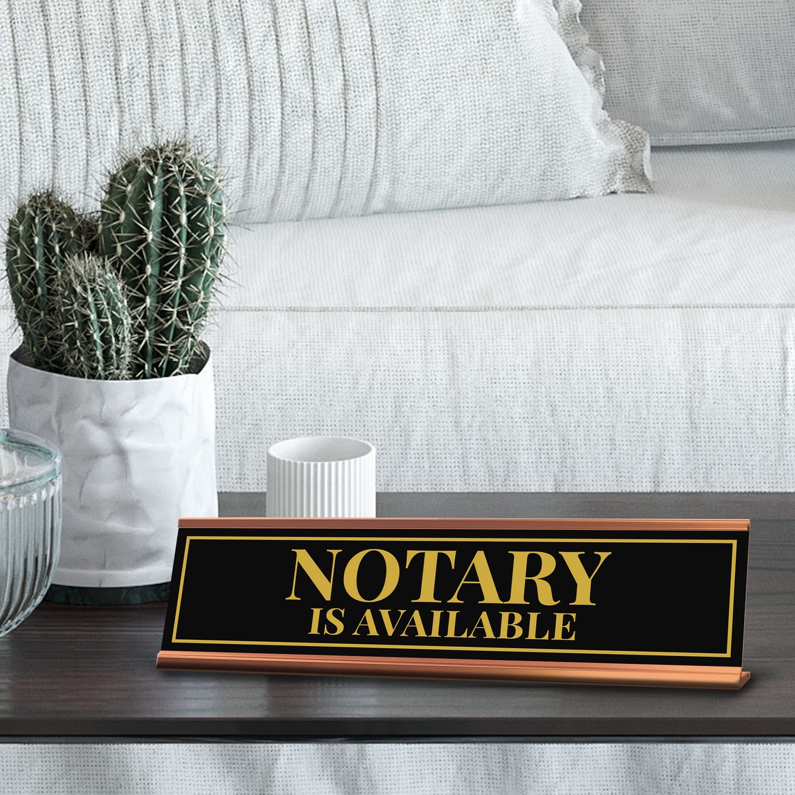 Signs ByLITA Notary Is Available Gold Frame Desk Sign (2×8&Prime;)