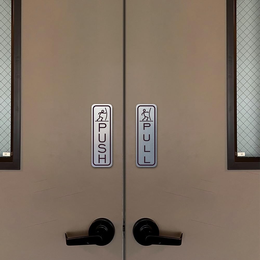 2 PCS Push Pull Door Signs Classic Entrance Medium Brushed Silver Metal Tags