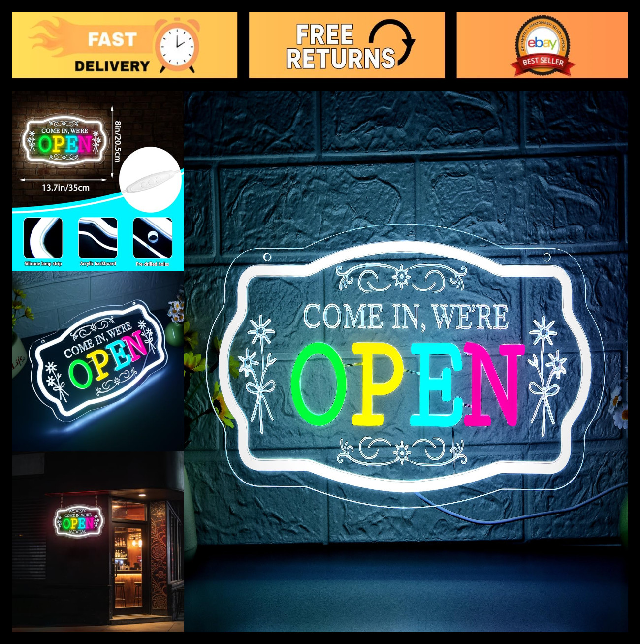 Dimmable LED Neon Open Sign – Colorful Wall Decor for Cafe, Bar, Store, Home – 1