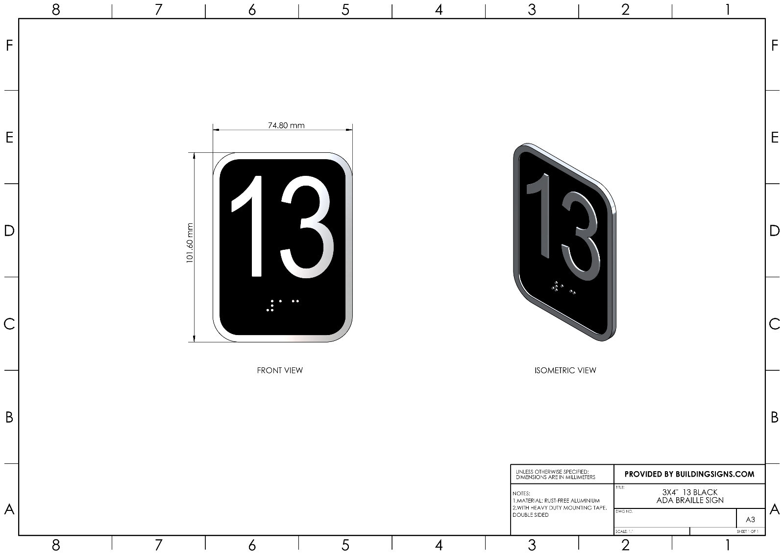 Elevator floor number 13 sign – Elevator Jamb Plate 13 (3×4, cast