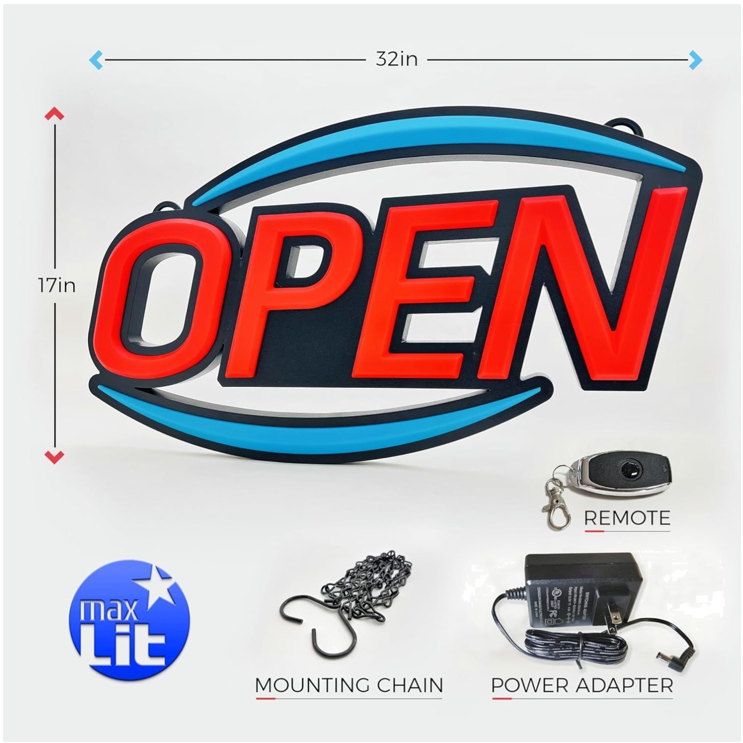 High Visibility 32×17 LED Open Sign – Remote Included