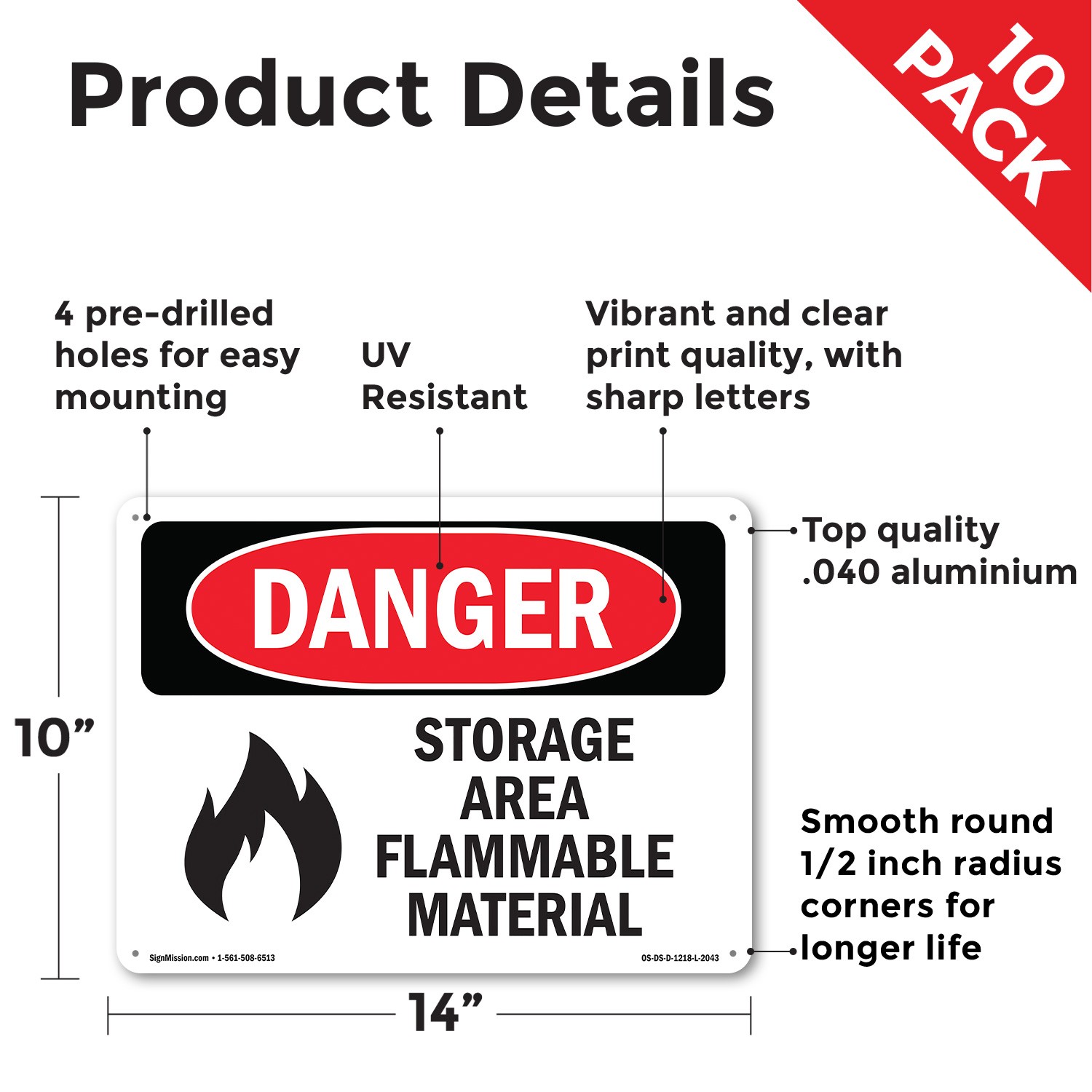 Storage Area Flammable Material OSHA Danger Sign Metal,, Decal 5 or 10 Pack
