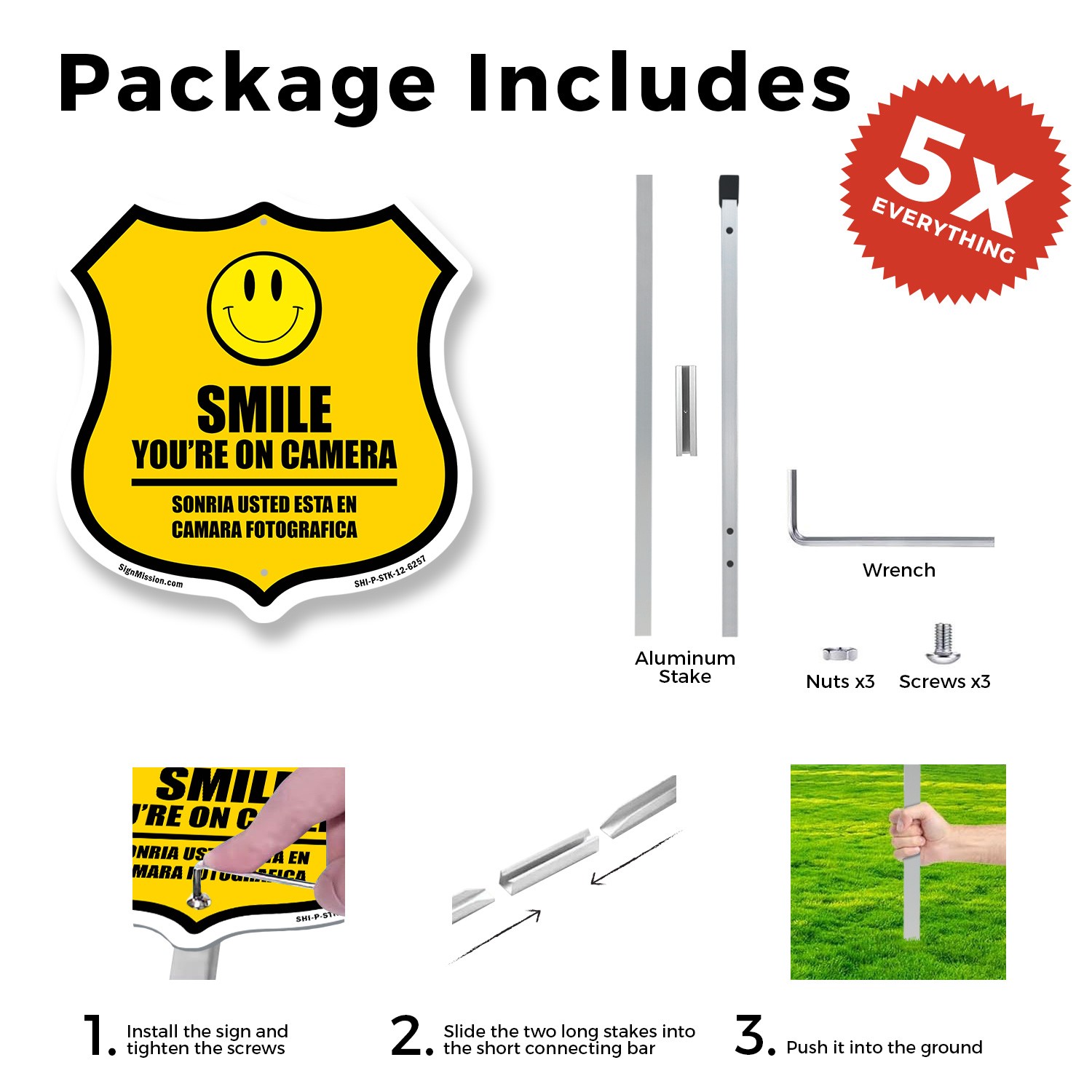 Smile You&rsquo;re On Camera Bilingual English / Spanish Shield Shaped Sign With Stake