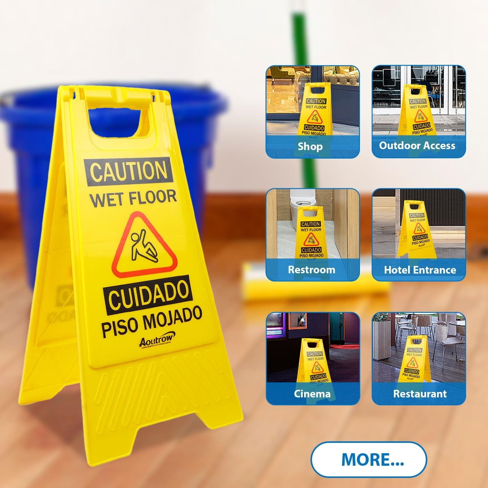 Caution Wet Floor Sign, Bilingual Foldable Safety Sign (17.12In X 8.38In X 0.94I
