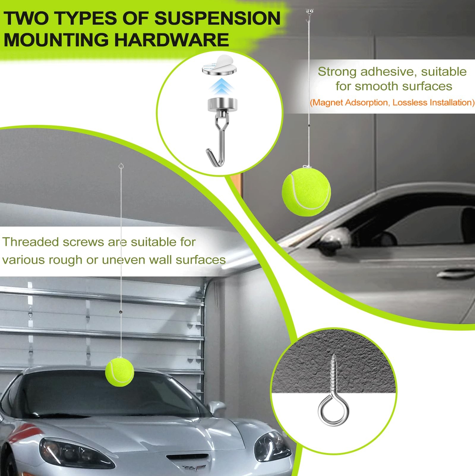 Dnairtly Garage Parking Aid with Magnetic & Screw Hooks, 2 Pack Tennis Green