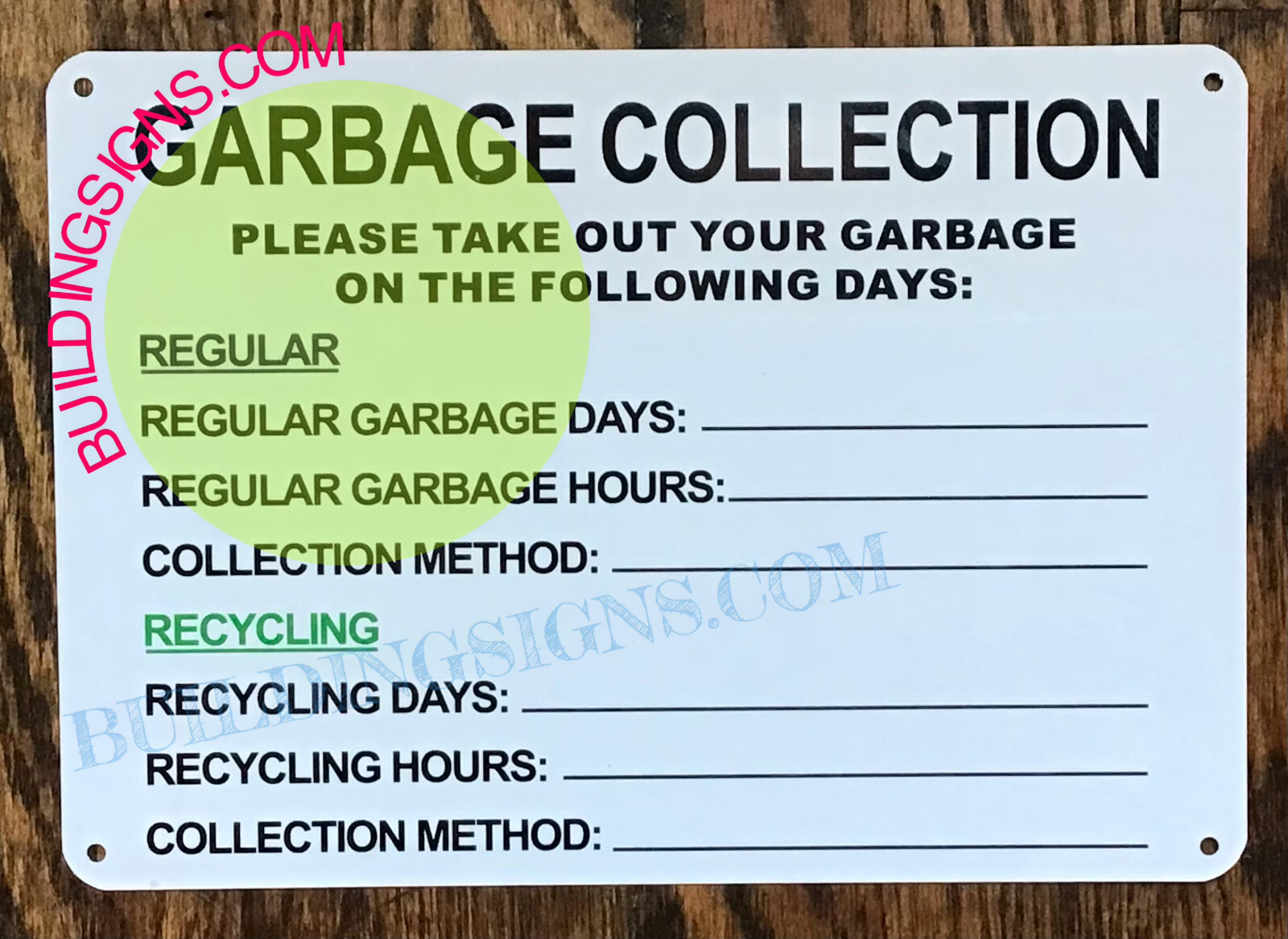 GARBAGE COLLECTION SIGN HPD NYC REQUIRED SIGN (7X10 WHITE BACKGROUND,ALUMINUM)