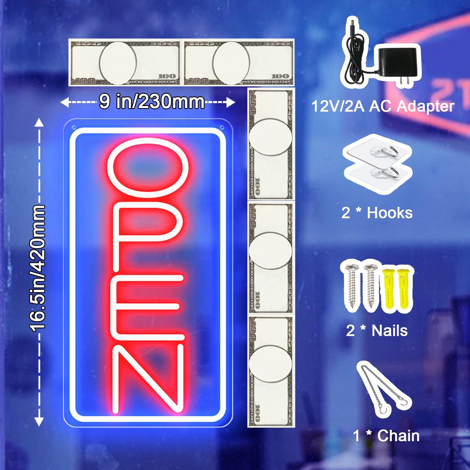 16.5&Prime; X 9&Prime; Led Neon Open Signs 16.5×9 inch with AC Adapter, Blue/Red-Vertical