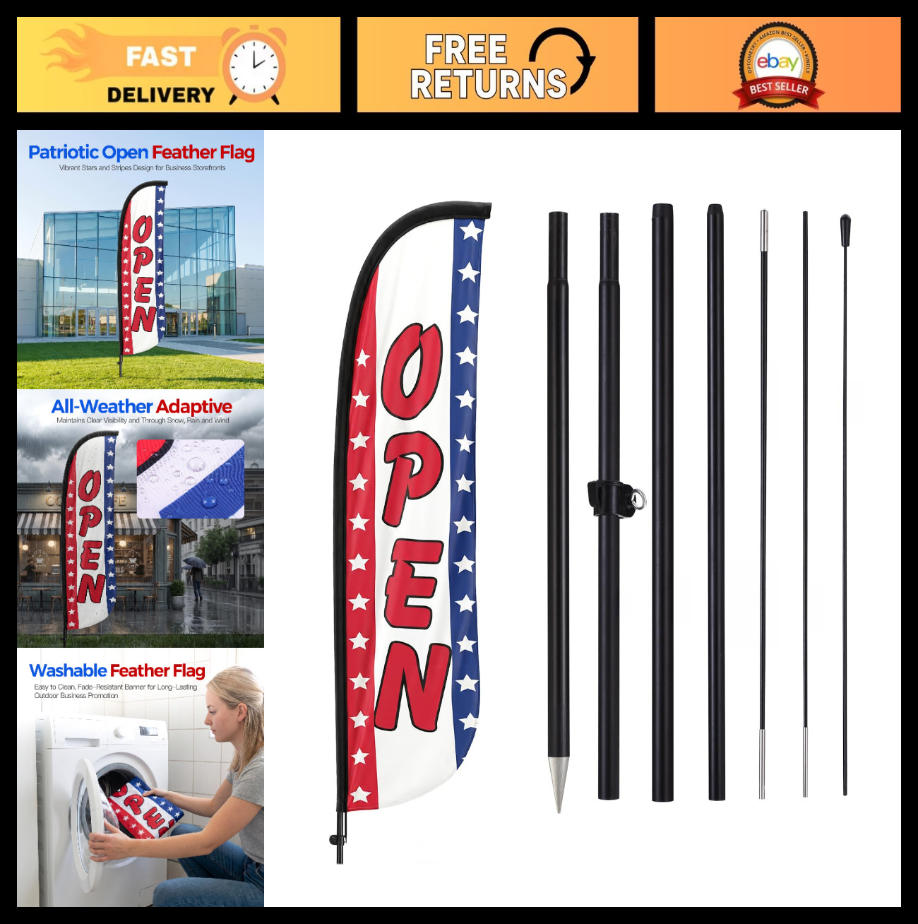 8ft Feather Flag Kit with Pole & Ground Stake – Swooper Banner for Grand Opening