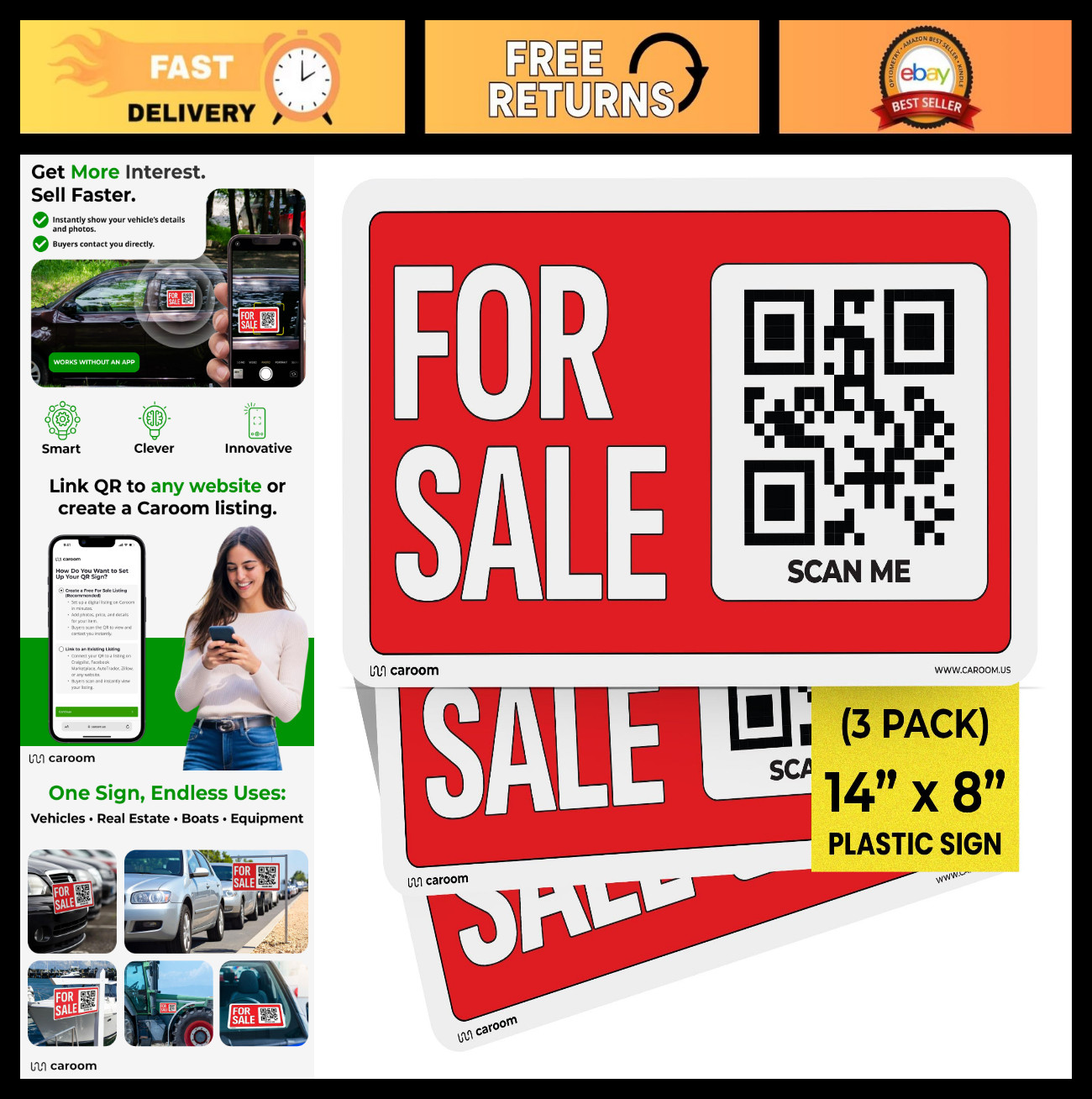 3-Pack For Sale Car Signs – 14×8 Inch Weatherproof QR Code Signs for Vehicles, T