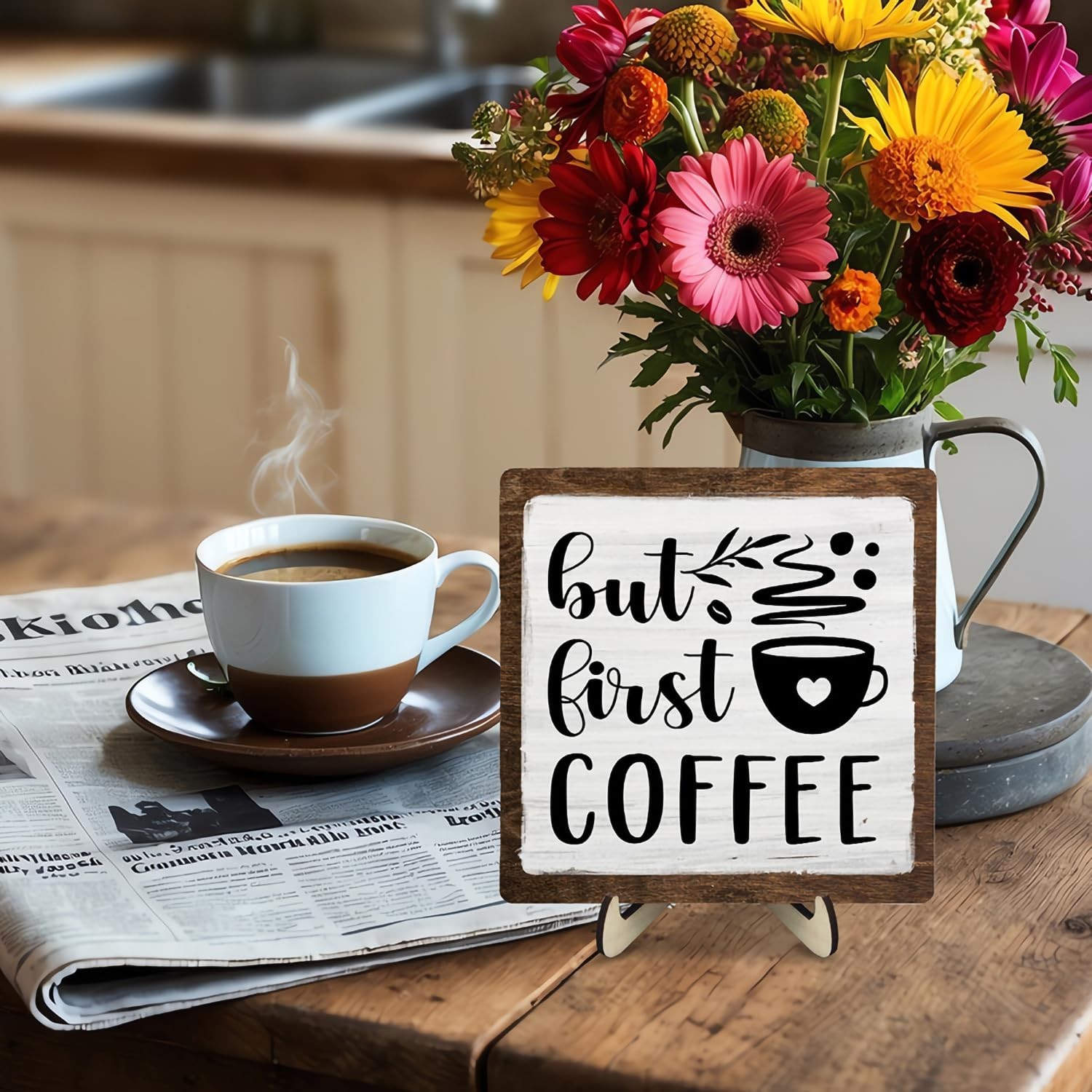 Vintage Coffee Bar Wooden Plaque Desk Sign, Farmhouse Wood Plaque Tabletop De…