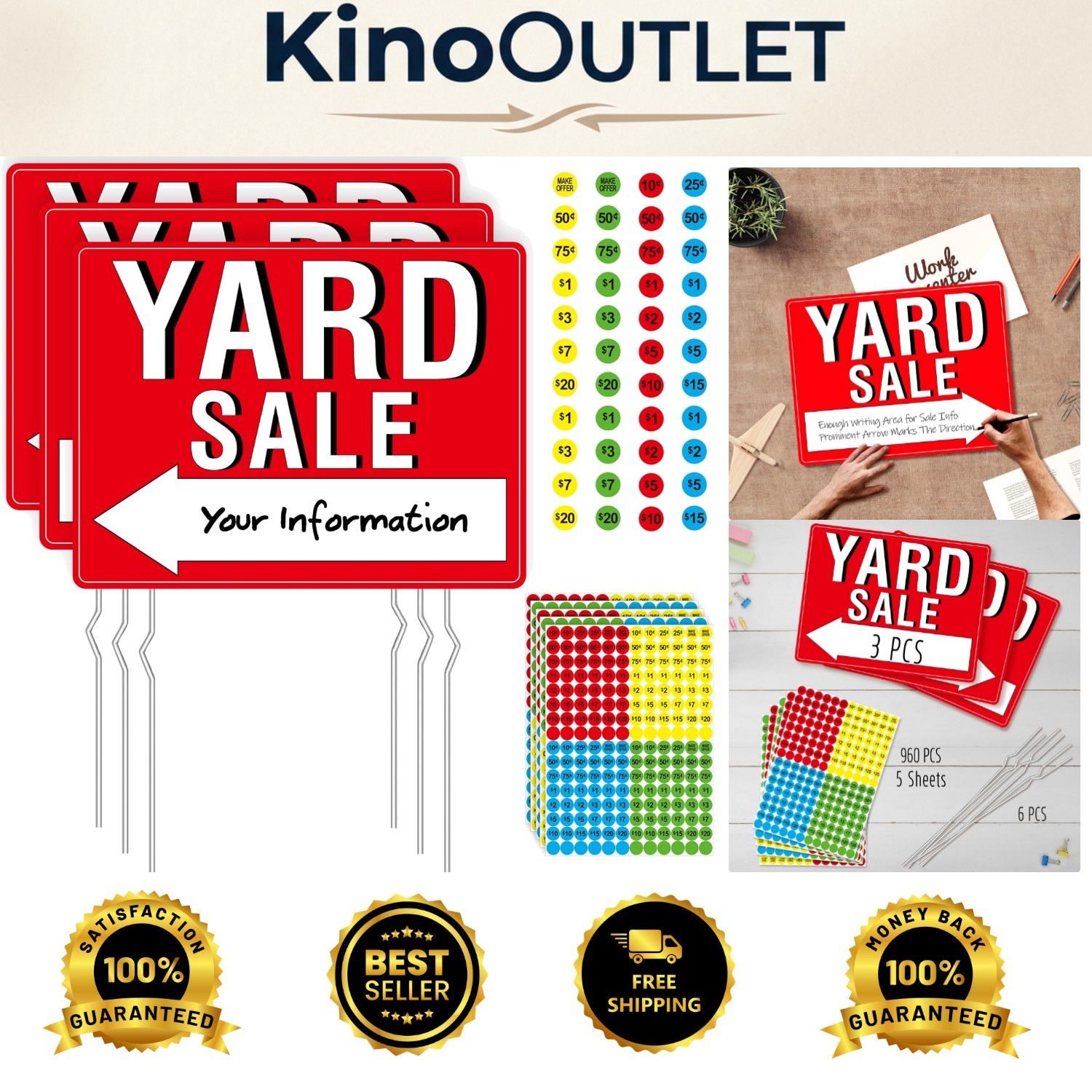 All-Weather Yard Sale Sign Set – 3PCS Double Sided with 6 Stakes & Price Labels