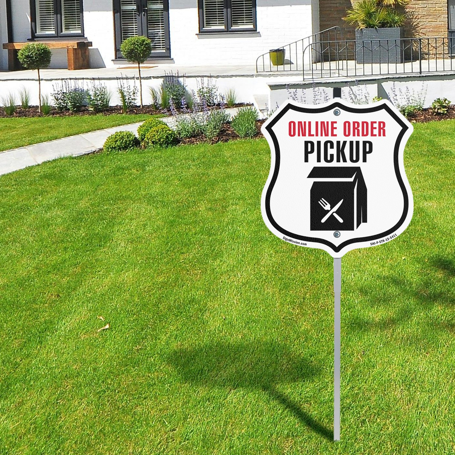 Online Order Pickup Shield Shaped Sign With Stake Crafted in the USA