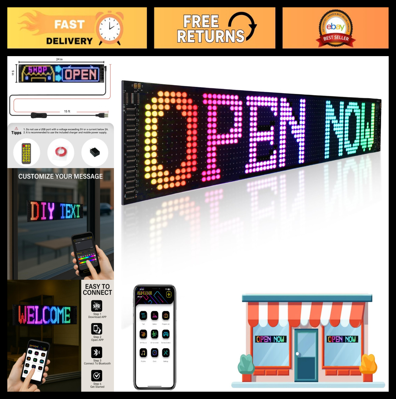 24 »x5 » Bluetooth Programmable LED Sign – Custom Scrolling Text, Timer, IP65 Wa
