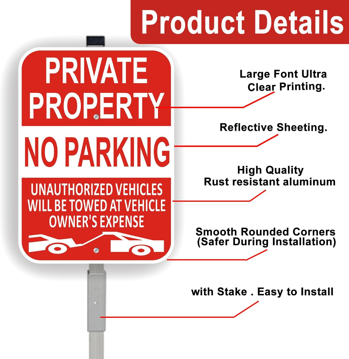 (2 Pack) Large Private Property No Parking Sign with Stake 36&Prime; Tall | 14&Prime; x 10&Prime;