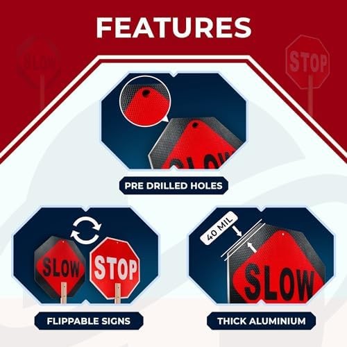 Handheld Stop Slow Sign 12×12 Double Sided Wooden Handle, Reflective Traffic
