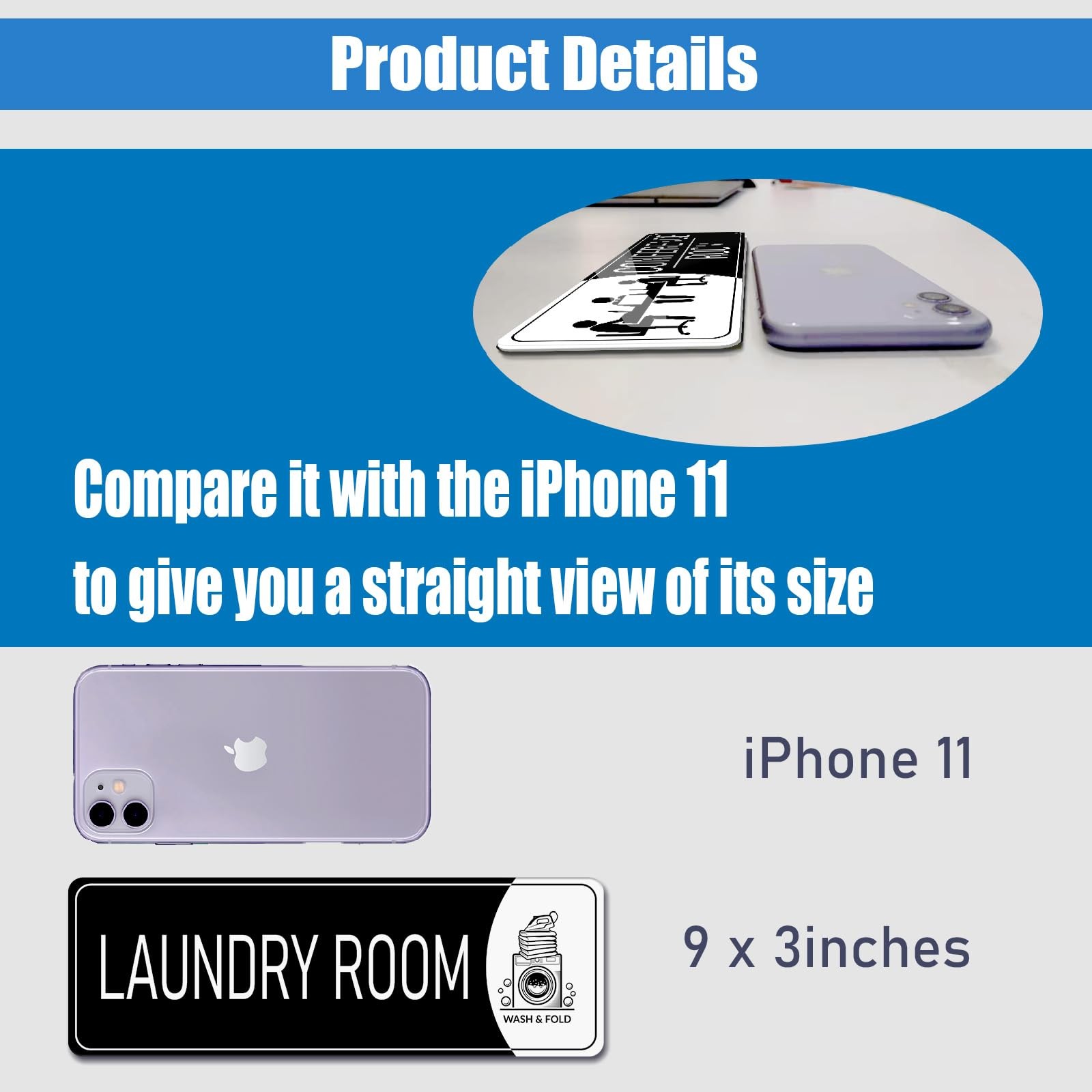9×3 Inch Laundry Room Sign Acrylic Self-stick Door Wall Signage Black White