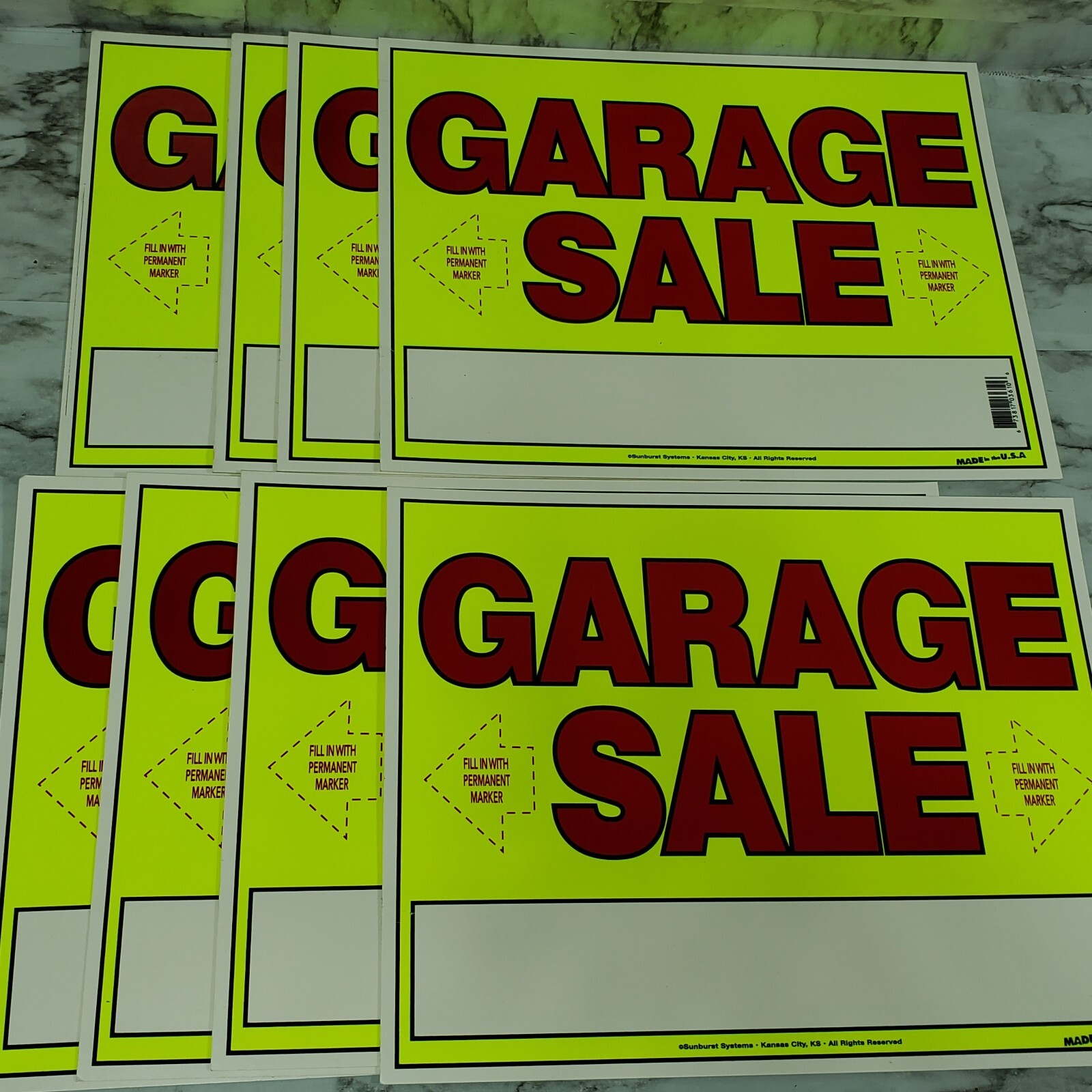 Sunburst Systems Neon Yellow Garage Sale Sign 11&Prime; x 14&Prime; with Arrows – Lot of 8