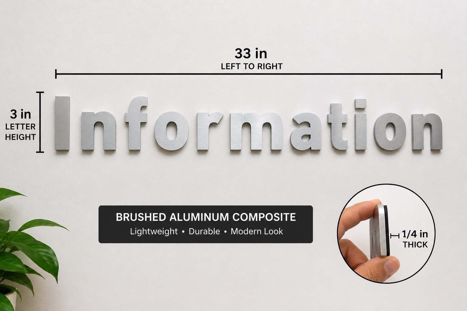 Tactile Letter Sign “Information” 3” Brushed Aluminum Wall Office Lobby