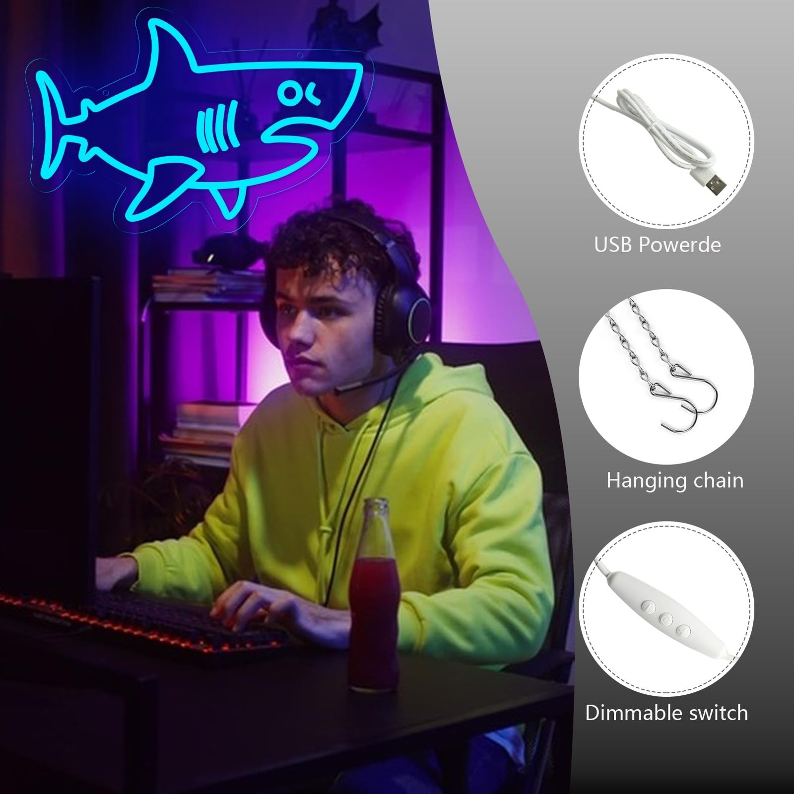 Balanar Shark Neon Signs for Wall Decor,Dimmable USB Powered LED Shark Light …