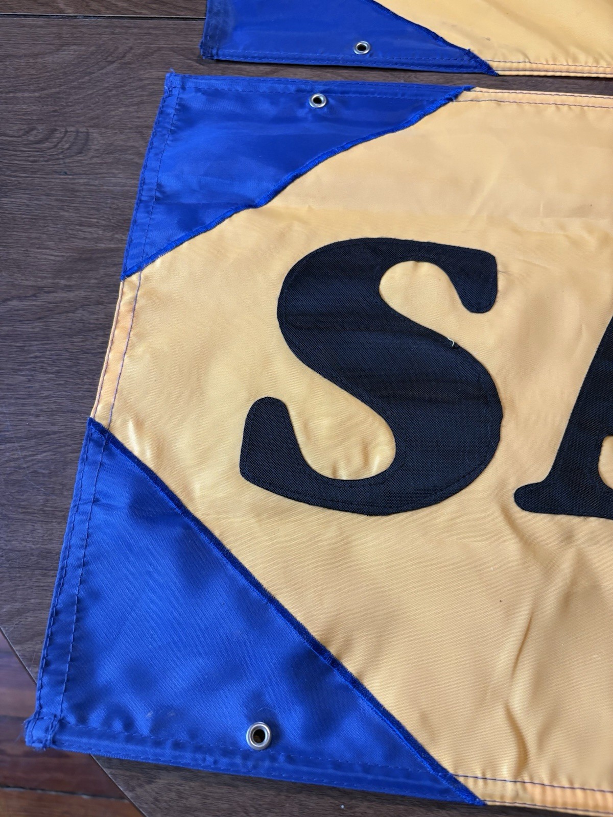 SALE Two Sided Grommets Sewn Letter Nylon Retail Banner Yellow Blue & Black (2)