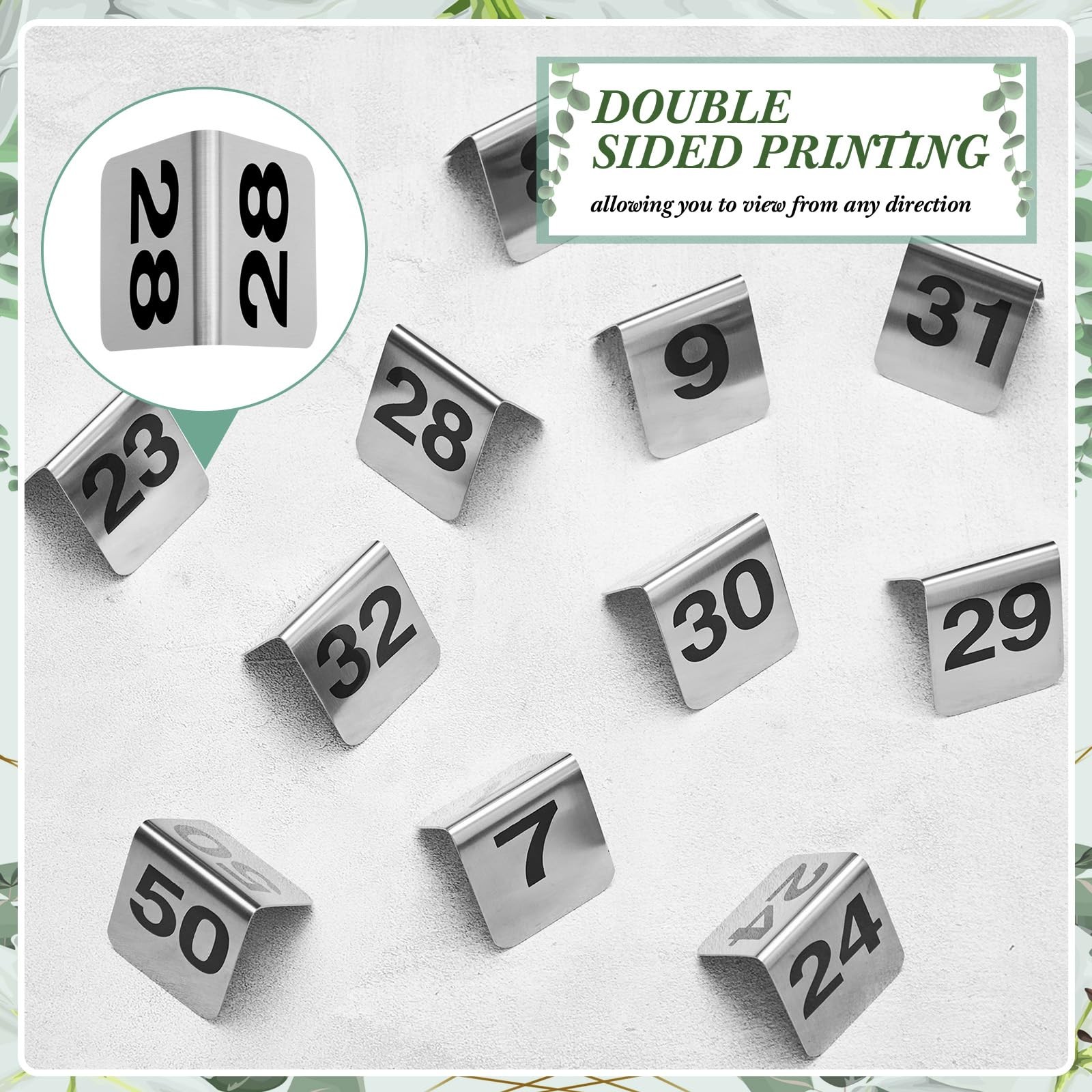 50 Pcs Stainless Steel Table Numbers 1-50 Tent Style 3.0 x 2.4 Inch Double Si…