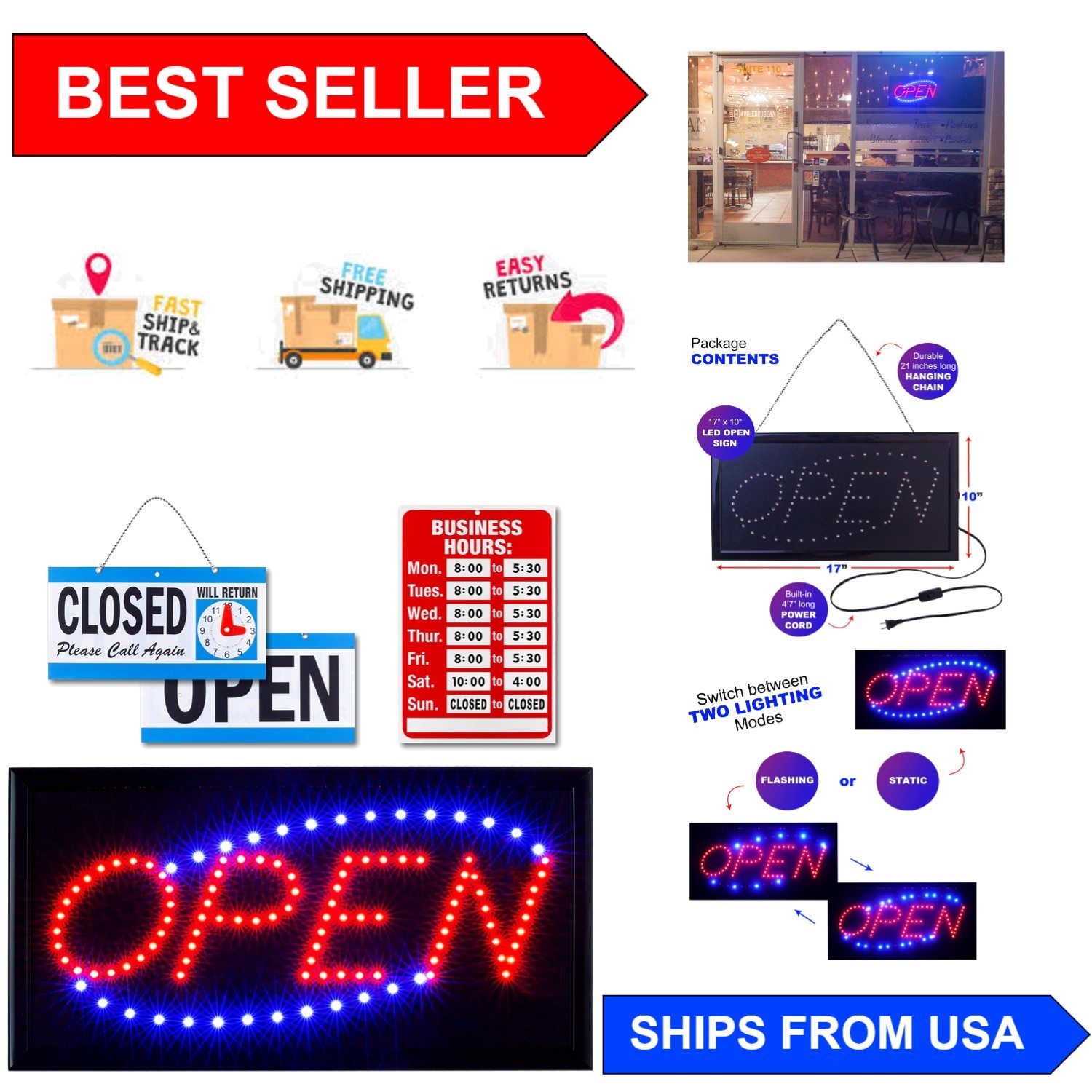 LED Neon Open & Closed Sign Set with Installation Chain – Perfect for Businesses