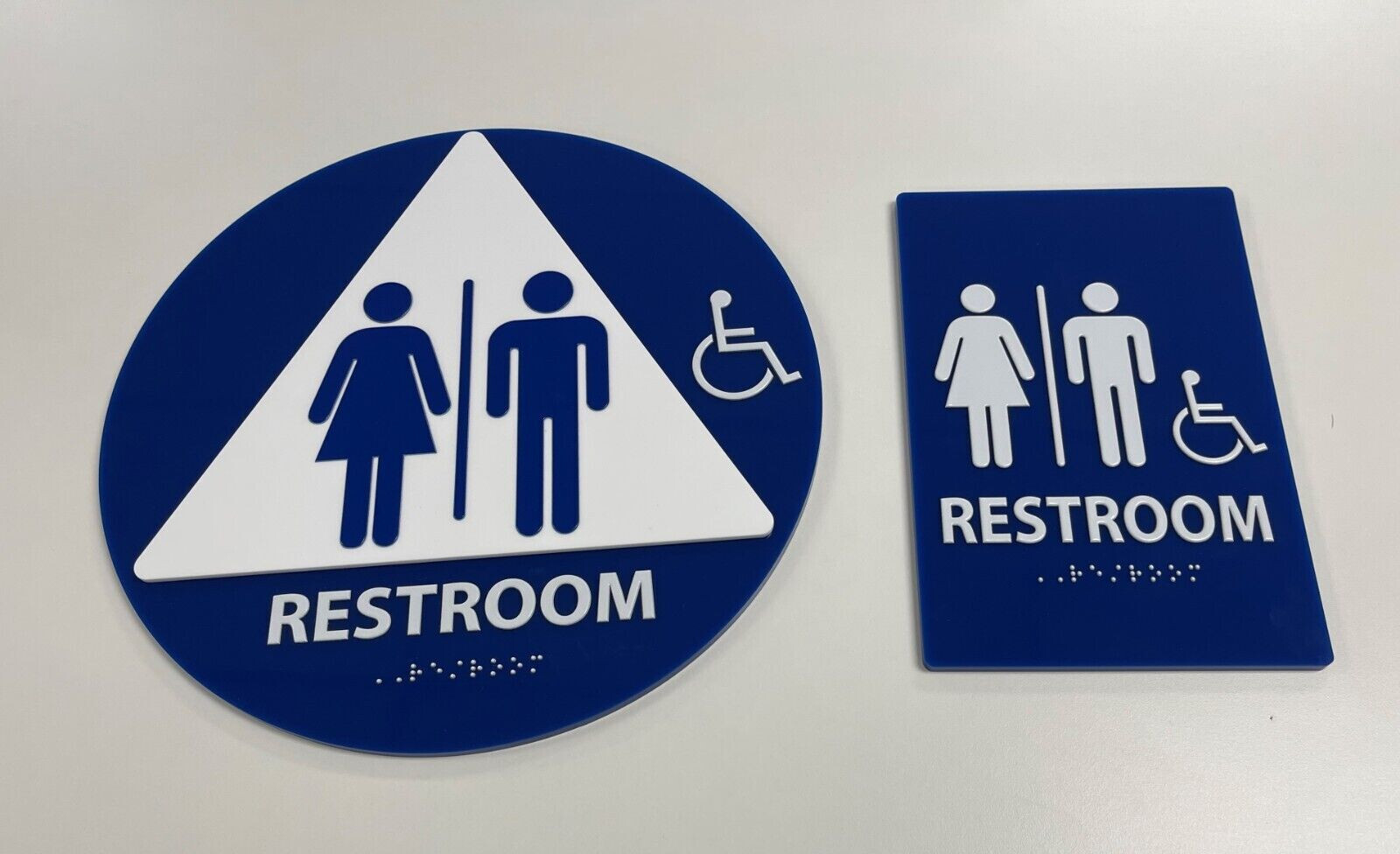 Acrylic Restroom Blue Sign Set (Round + Rectangular), ADA Compliant & Braille