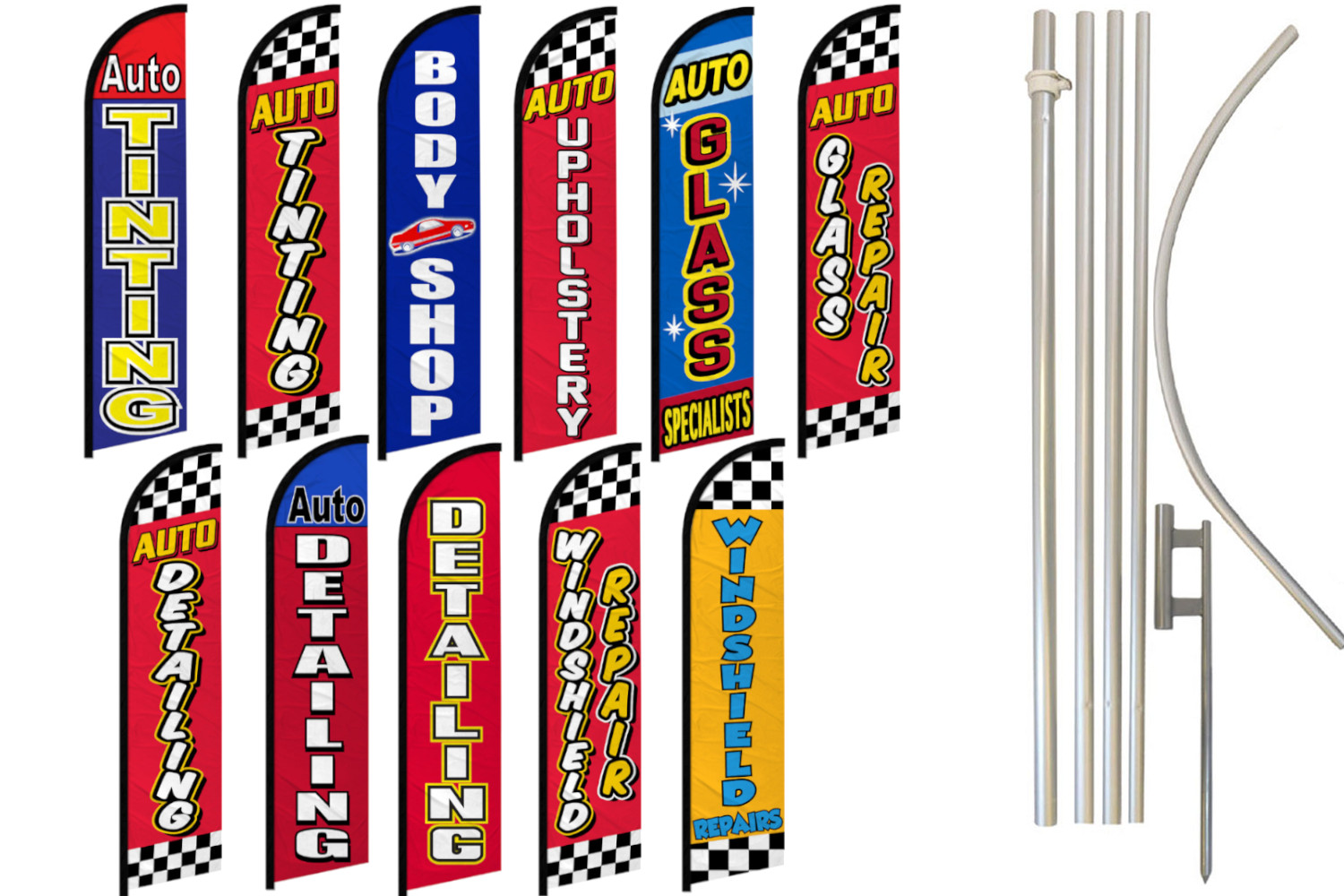 Auto Body Shop Windless Advertising Swooper Flag Kit Banner Tinting Glass