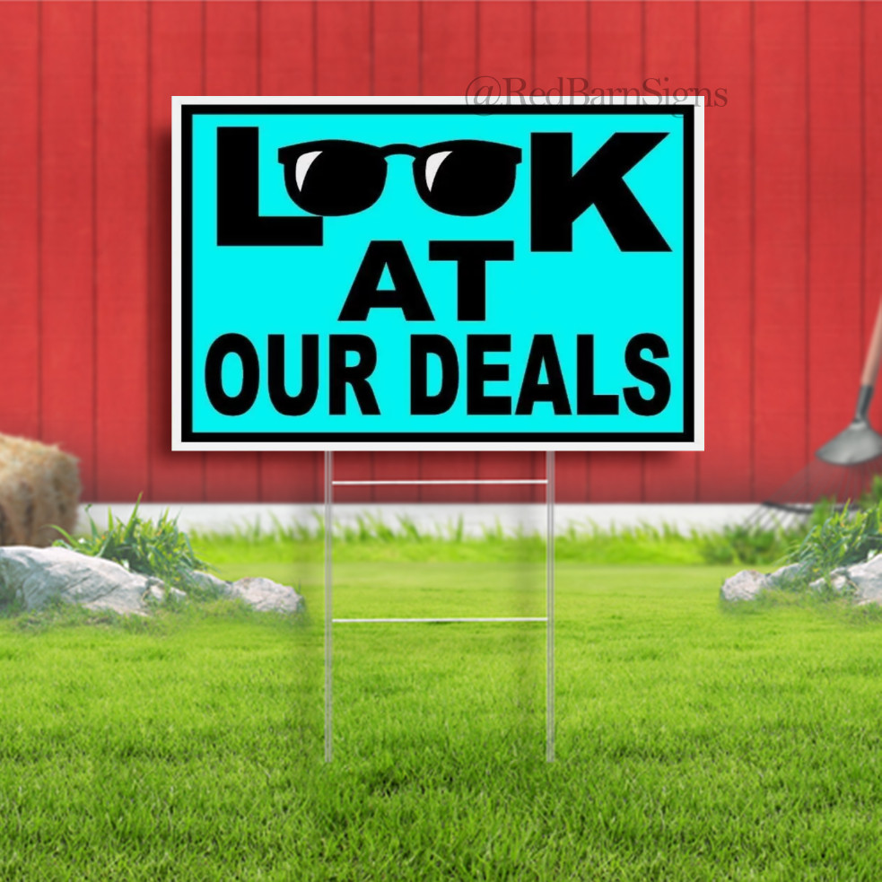 LOOK AT OUR DEALS BLUE BLACK Yard Sign with Stand LAWN SIGN