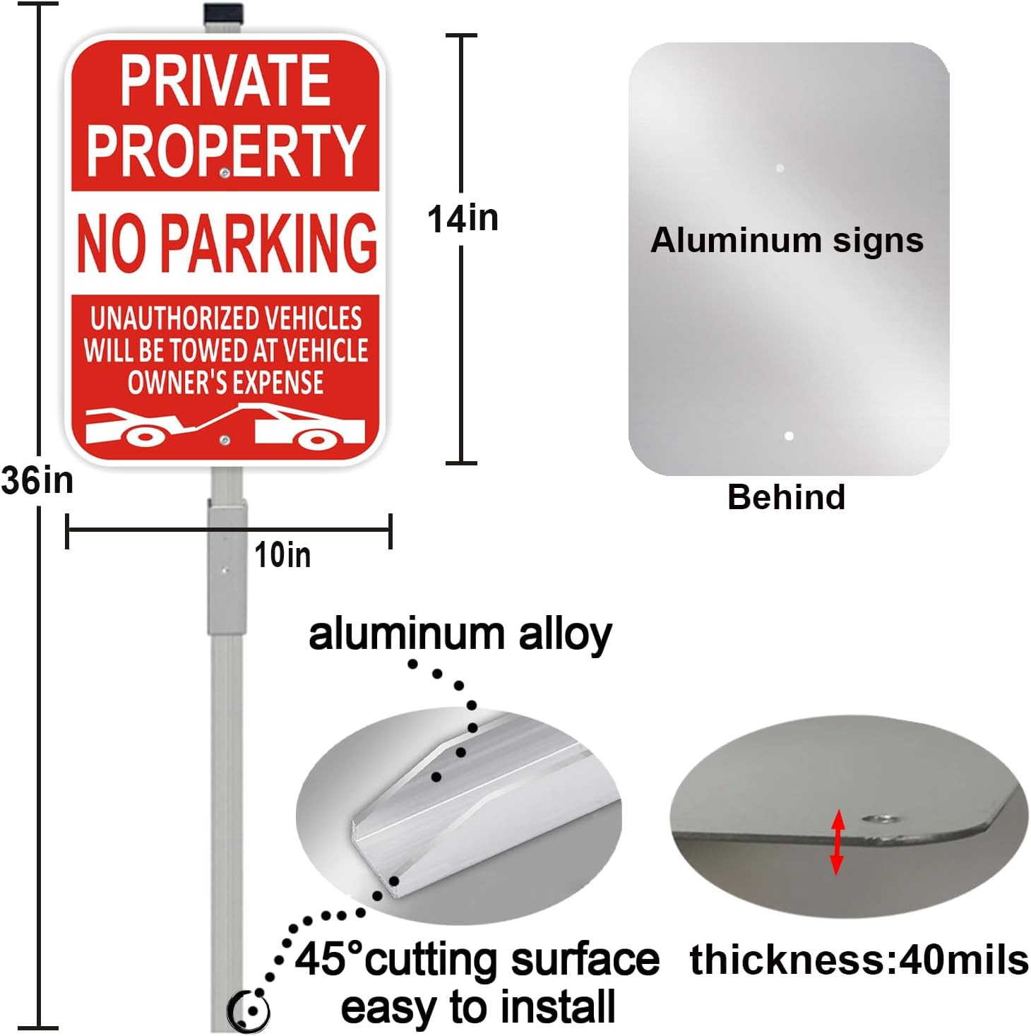 (2 Pack) Large Private Property No Parking Sign with Stake 36&Prime; Tall | 14&Prime; x 10&Prime;