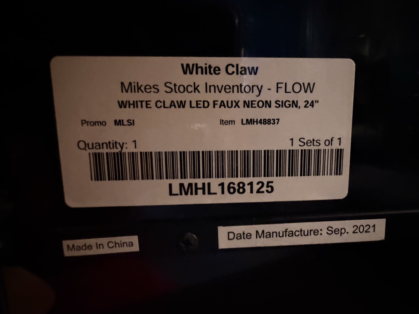 White Claw LED Faux Neon Illuminated Sign 24&Prime; Black DC24V LED 3000mA