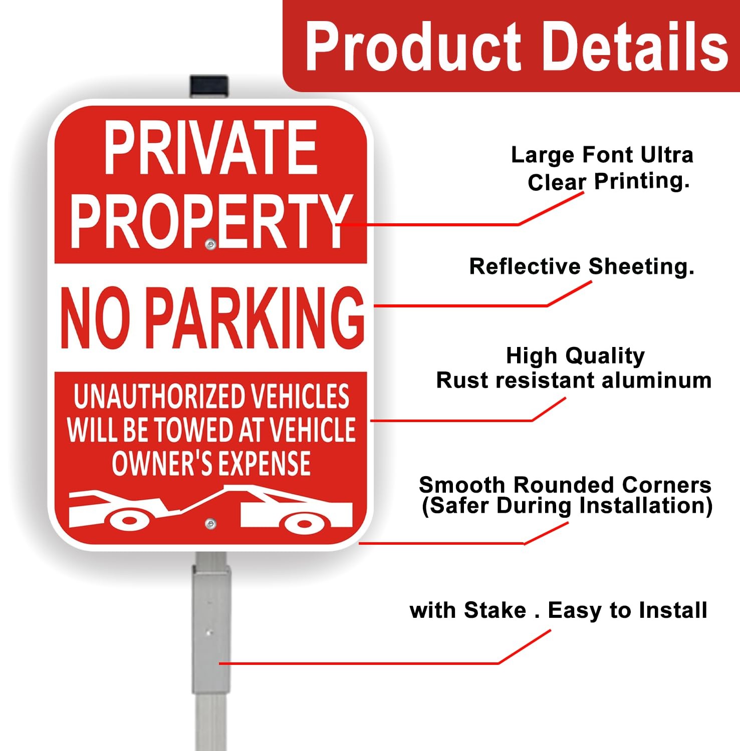 No Parking Sign Private Property Aluminum Stake 14×10 2 Pack Heavy Duty Rust Fre