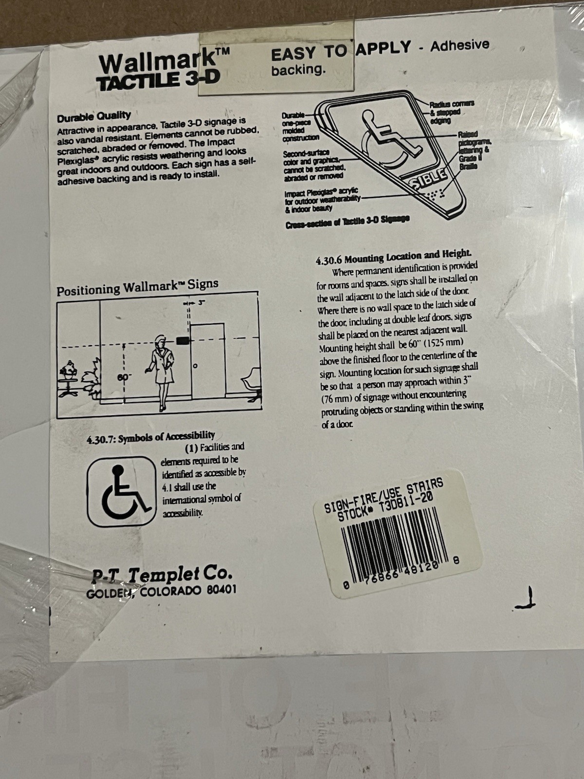 WallMark Tactile 3-D 8×11 In Case of Fire Use Stairs Not Elevator Sign NOS