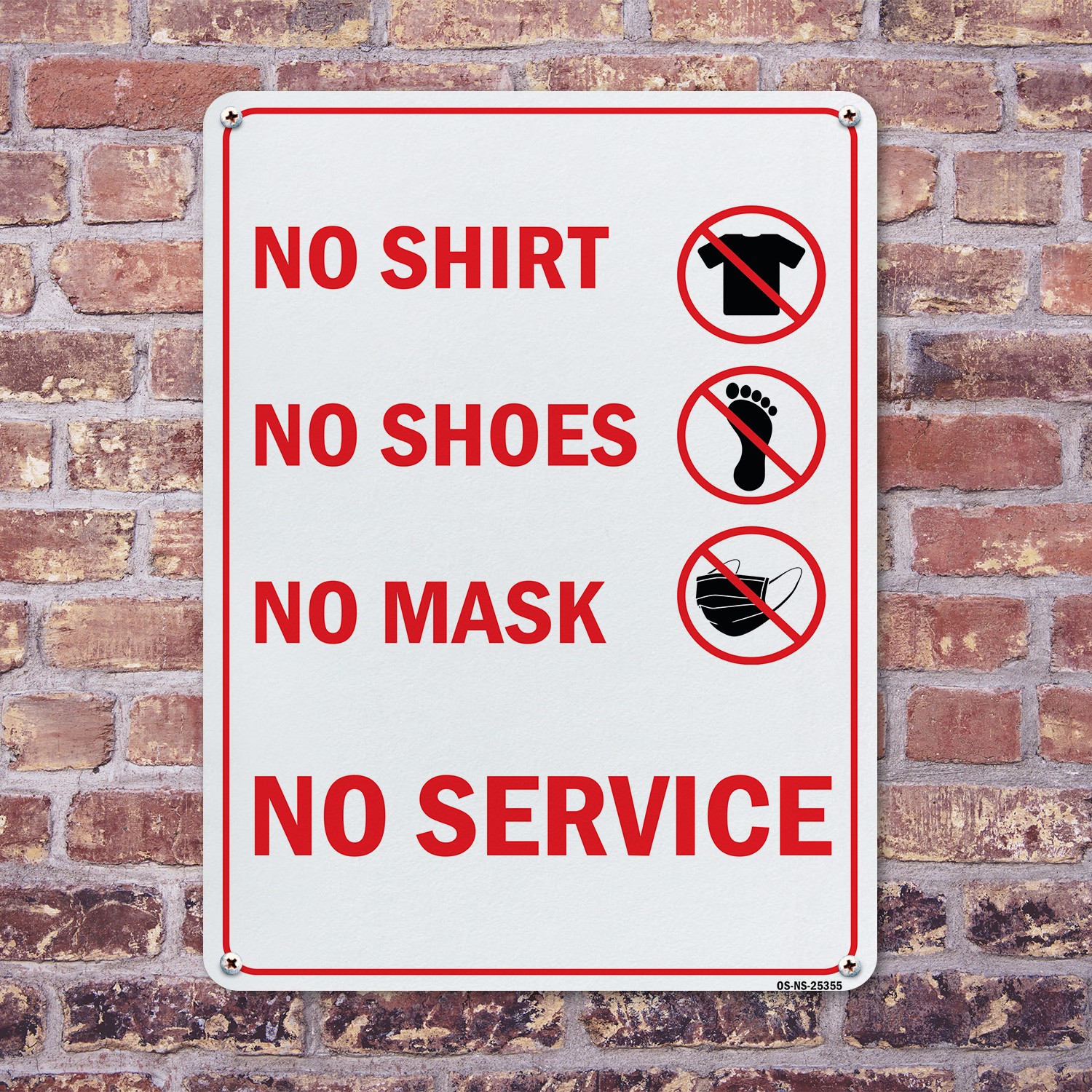 No Shirt No Shoes No Mask No Service All Red Public Safety Sign – 5 or 10 Pack