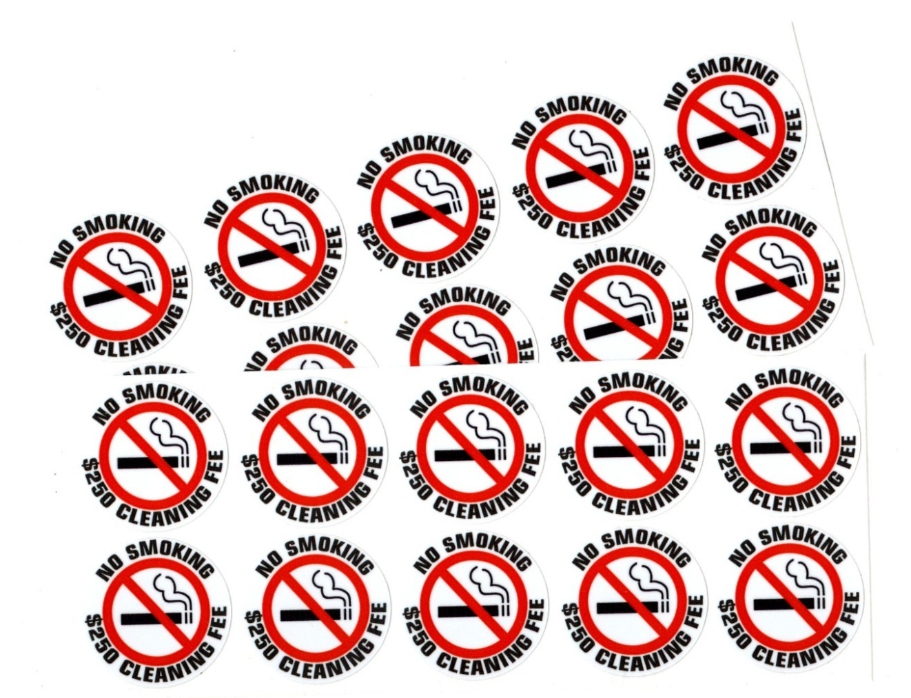20 – NO SMOKING $250 CLEANING FEE sticker | white | 1.5&Prime; dia | outdoor durable