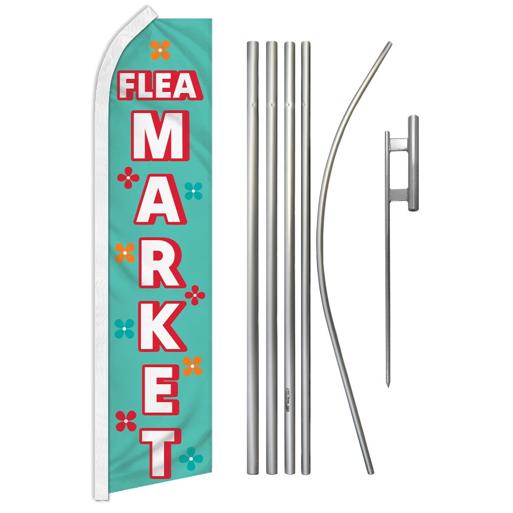 « FLEA MARKET » Advertising Super Flag & Pole Kit flowers swap meet bazaar antique