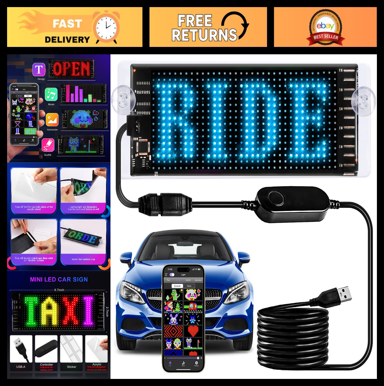 Programmable LED Matrix Light Sign for Car – Bluetooth Custom Text & Animation D