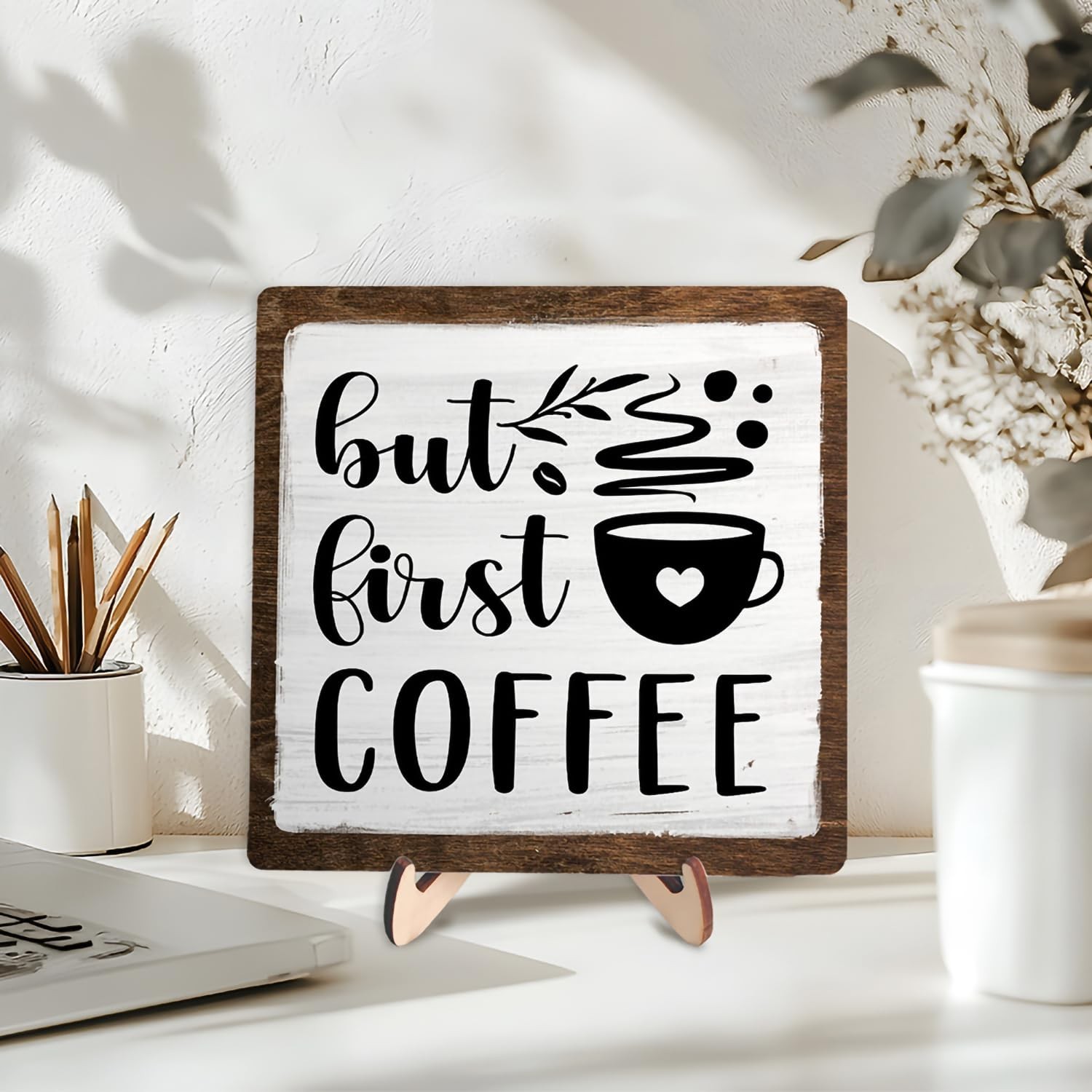 Vintage Coffee Bar Wooden Plaque Desk Sign, Farmhouse Wood Plaque Tabletop De…