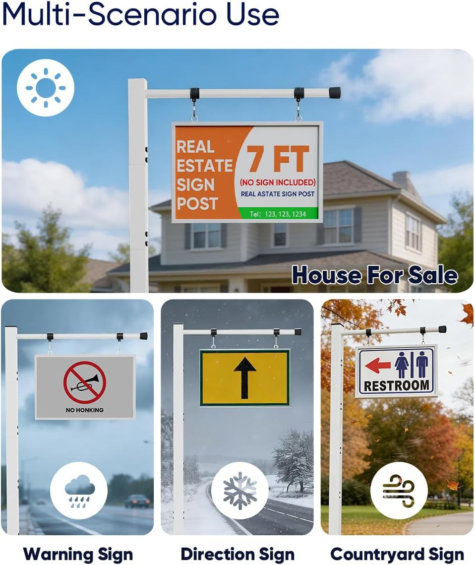 7FT Adjustable Real Estate Sign Post – Windproof Yard Holder for Open Houses