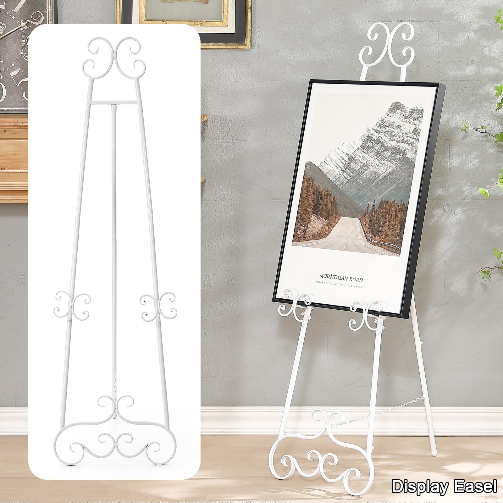Metal Floor Standing Display Easel, 56&Prime; H White Decorative Scroll Easel Stand…