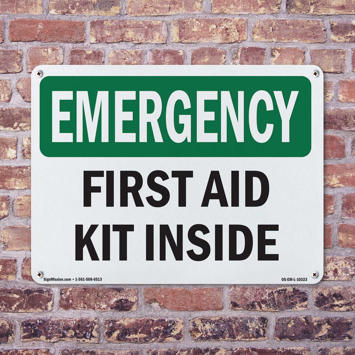 First Aid Kit Inside OSHA Emergency Sign Metal, Plastic, Or Decal – 5 or 10 Pack