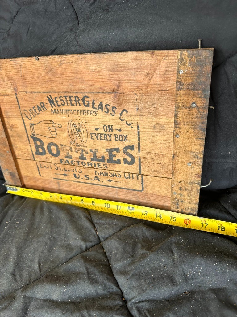 Antique Obear-Nester Glass Co Bottles Wood Panel Sign Off Crate St Louis KC