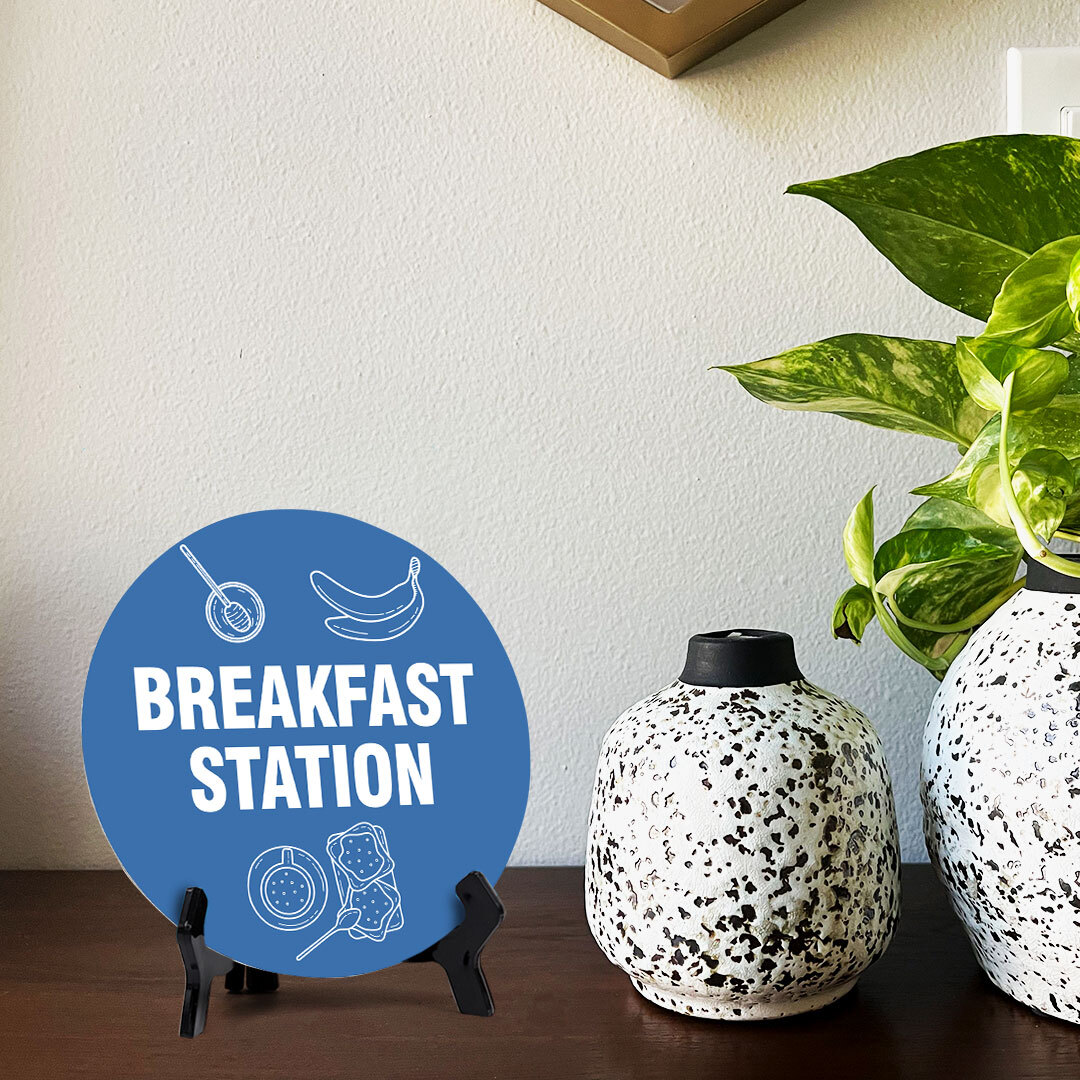 Breakfast Station Circle Table Sign with Acrylic Stand