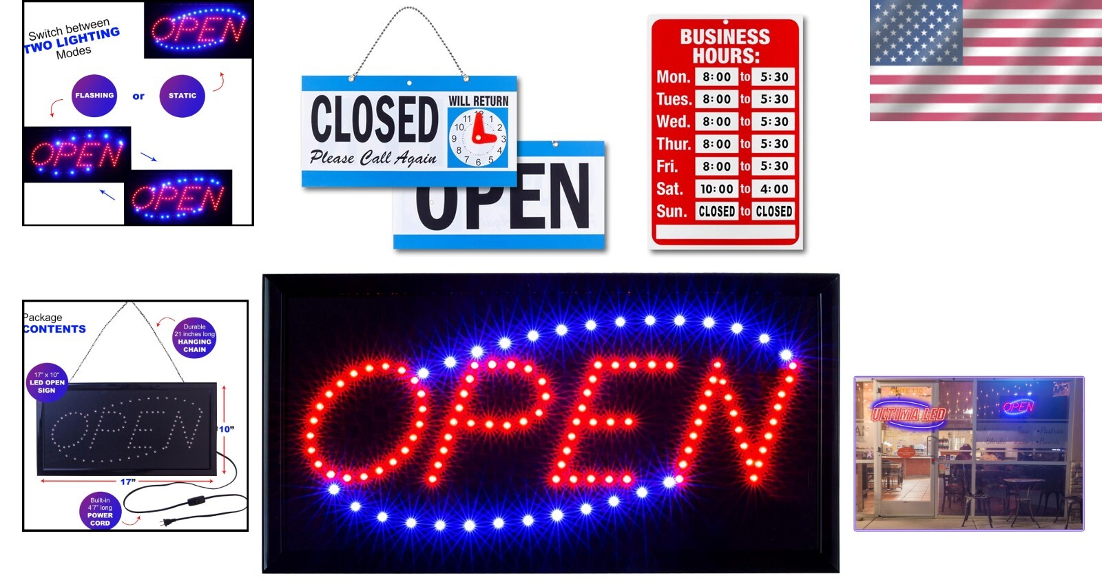 Energy Efficient Open Sign – Easy Install Wall Mount with Closed Sign Included